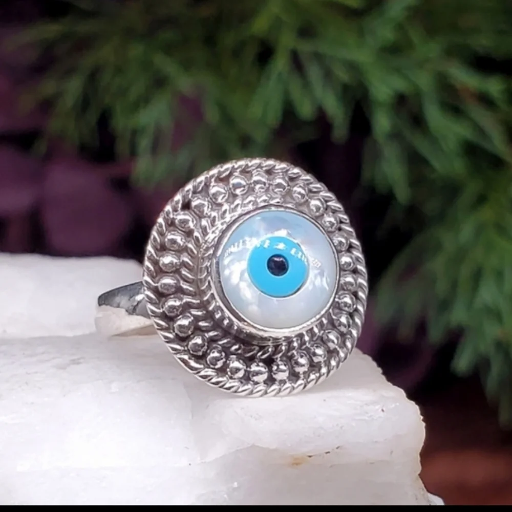 Sterling Silver Ring 925 Evil Eye Protective Designer Mother Of Pearl